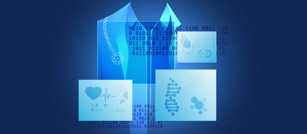 Blockchain diagram showing health data privacy and patient data protection