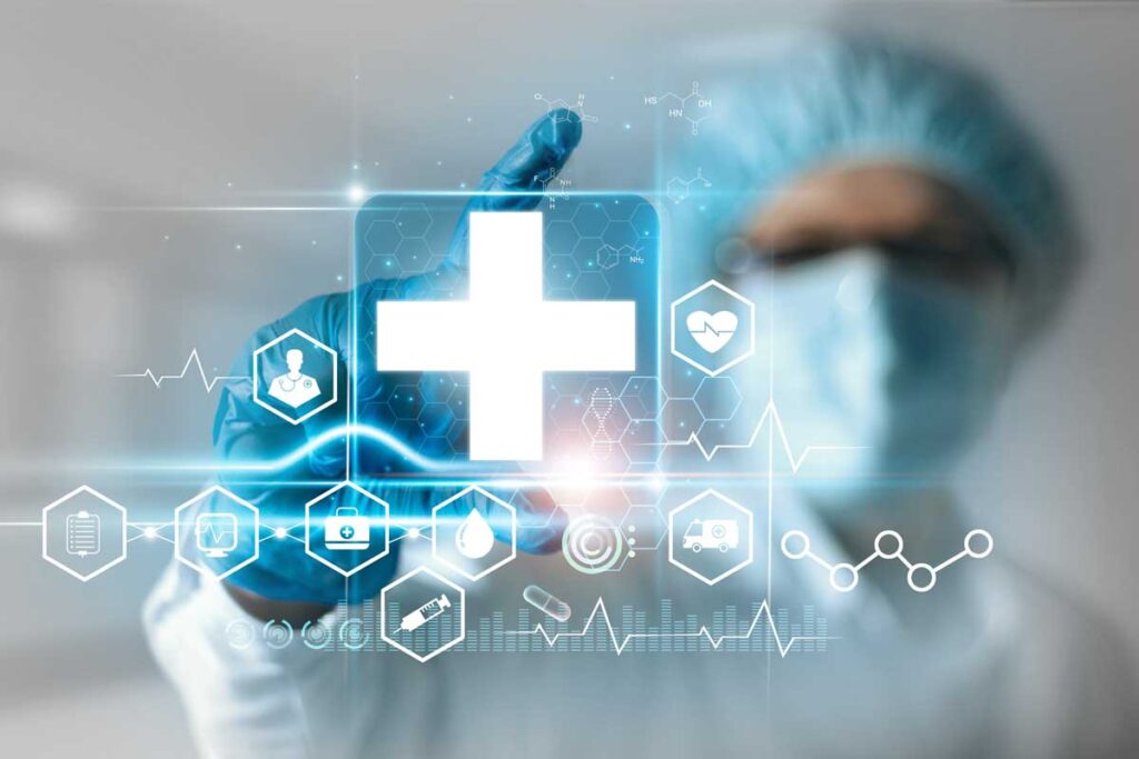 Future hospital system where wearables, doctors, and blockchain wallets are connected.